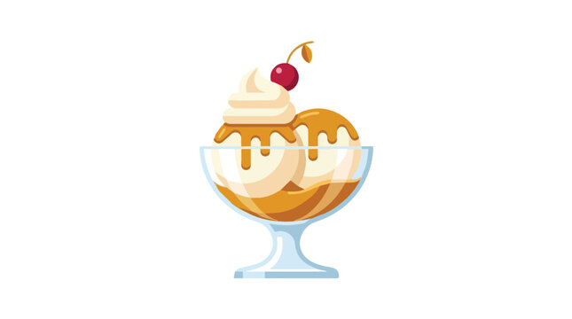 Delicious ice cream sundae with caramel sauce cherry and whipped cream in a glass bowl
