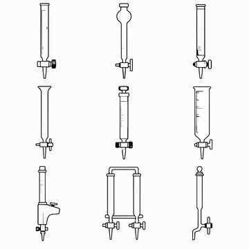 Set of various laboratory glass pipettes and burettes with different shapes and sizes