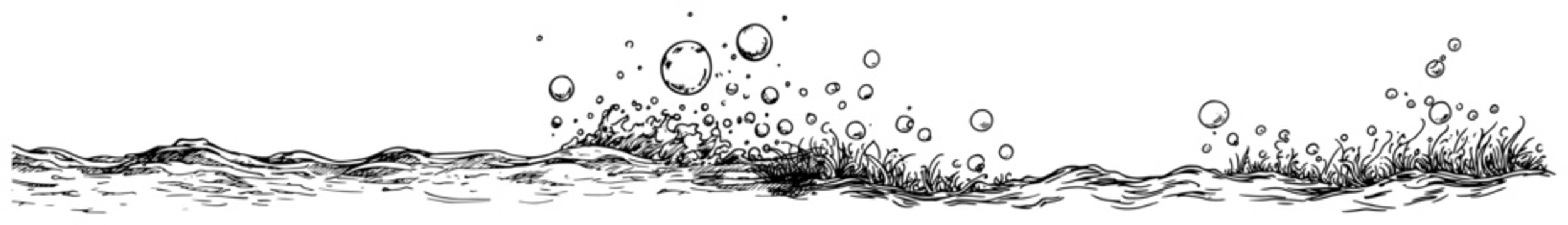 Ocean waves with seagrass and floating air bubbles in hand drawn engraving style