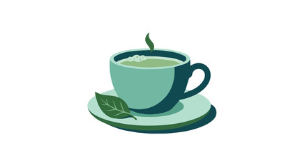 Fototapeta premium Steaming cup of green tea with fresh leaves on a saucer in soft pastel colors