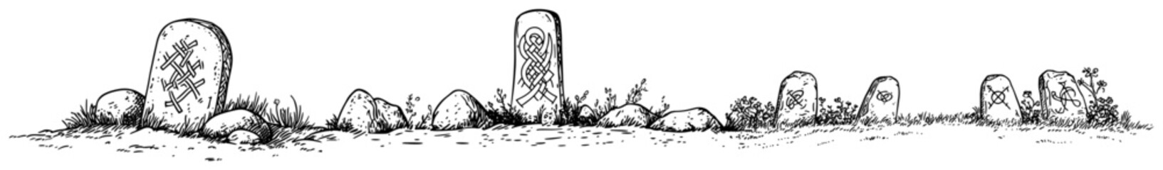 Obraz premium Ancient runestones and Celtic tombstones on grassy field hand drawn sketch style
