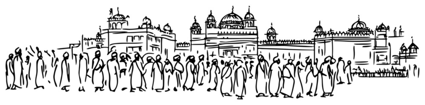 Golden Temple Amritsar with a crowd of pilgrims in hand drawn sketch style