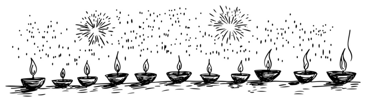 Burning diyas lamps and fireworks for Diwali festival celebration in hand drawn sketch style
