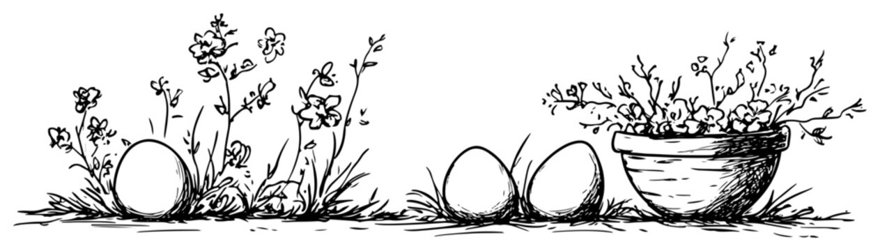 Easter eggs in spring grass and flower pot hand drawn sketch style