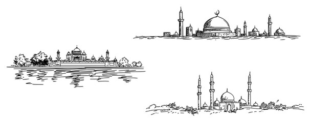 Oriental Islamic architectural landmarks set with taj mahal and mosques hand drawn sketch style © Kaz