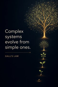 Gall's Law Typography Poster: Seed Sprouting into Intricate Glowing Tree Illustrating System Evolution from Simplicity to Complexity.