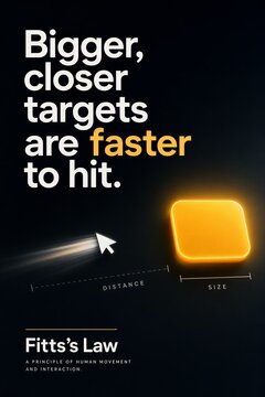Fitts's Law Typography Poster: Cursor Arrow Racing Towards Large Glowing Button with Distance and Size Diagram for Usability Interaction.