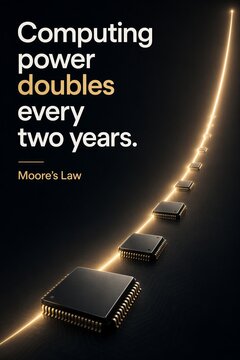 Moore's Law Typography Poster: Silicon Microchips Shrinking Along Exponential Curve Illustrating Computing Power and Technology Innovation.