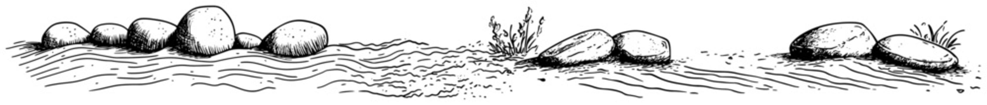 Smooth river stones and pebbles on sand wavy texture hand drawn vector sketch