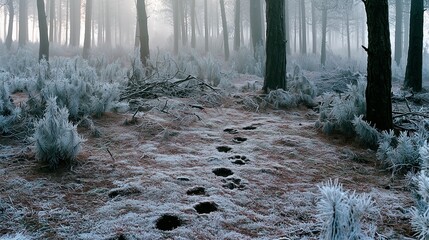 Fototapeta premium Sharp paw prints crossing a frosted forest floor at first light