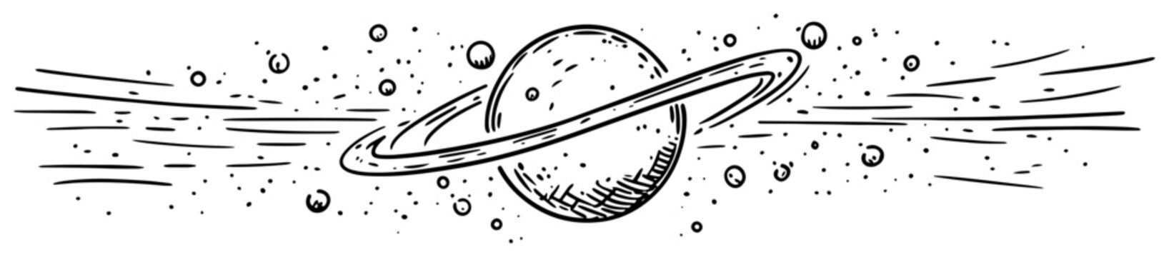 Planet Saturn with rings in outer space surrounded by stars and cosmic dust hand drawn doodle style