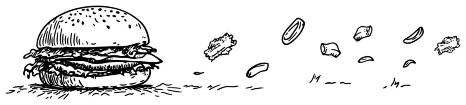 Hamburger banner with flying deconstructed ingredients and veggies hand drawn sketch style