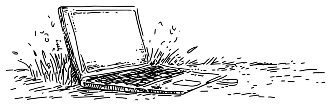 Laptop computer open on grassy ground with water splashing hand drawn sketch style