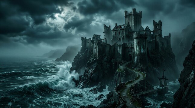 Ancient Medieval Castle on Rugged Cliffs Above a Stormy Sea Under Moonlight