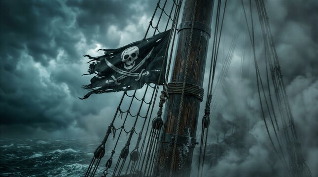 Weathered Pirate Flag Flying on an Old Ship Mast During a Storm