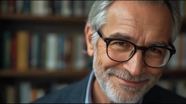 Older male senior with glasses beard and mustache smiling warmly in cozy library bookshelf setting
