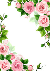 Fototapeta premium Floral frame with pink rose flowers and green leaves. Vector greeting or invitation card design