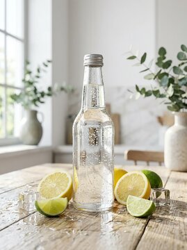 Sparkling Mineral Water Bottle with Lemon and Lime Slices on Wet Wooden Table