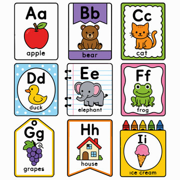 Colorful alphabet flashcards with letters and corresponding objects for kids learning