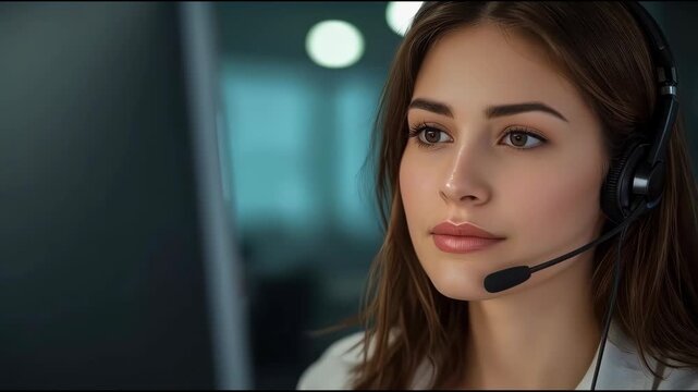 Serene call center operator headset customer service agent focused calm professional support