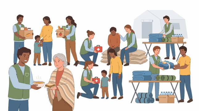 Volunteers providing humanitarian aid and disaster relief, distributing food, first aid, and supplies to people in need, including children and the elderly, at a community support event.