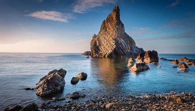 Jagged Rock Formation Emerging From Calm Water Surrounded By Smaller Stones Ocean