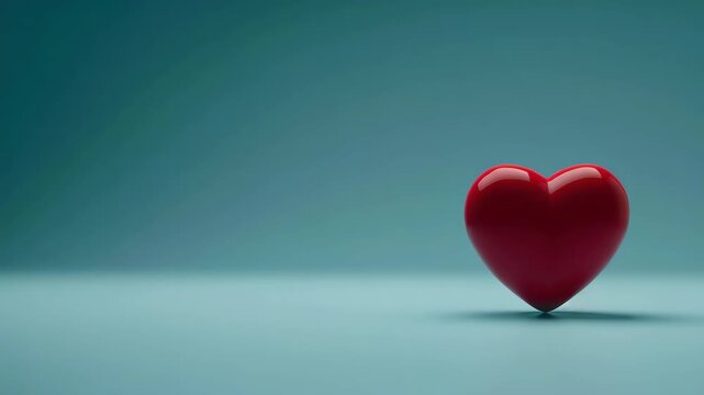 A Singular Red Heart: A solitary, glossy red heart rests on a smooth, minimalist surface, casting a soft shadow against a calming teal background, symbolizing love and affection.