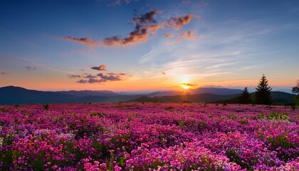 Obraz premium Sunset Over A Field Of Pink Flowers At Dusk