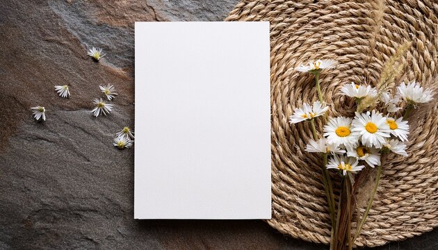 Vertical Blank White Card On Textured Stone Surface With Delicate Dried Daisy Flowers And A Natural Woven Placemat Rustic Floral Flat Lay Design