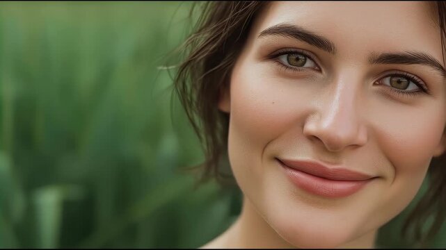 Young woman portrait close up smile green background soft natural lighting and expression outdoors