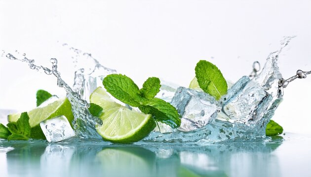 Refreshing Splash Of Water With Lime Mint Leaves And Ice Cubes