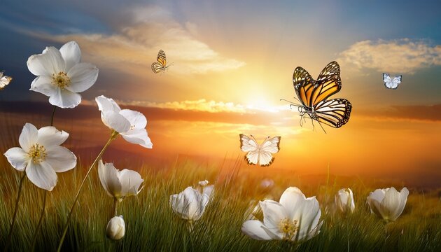 Art Spring Floral Landscape Beautiful White Spring Flower And Fly Butterfly Against Evening Sunny Sky Nature Landscape Background