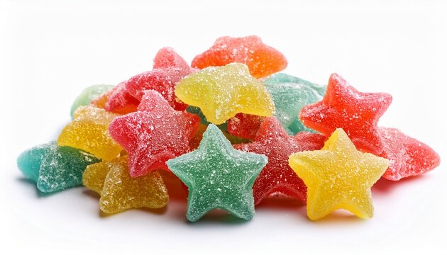 Pile Of Colorful Starshaped Gummy Candies With Sugar Coating Isolated On White Background