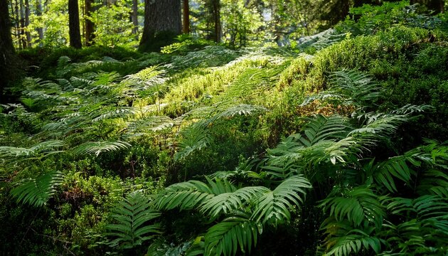 Lush Green Wild Plants Growing Across Forest Floor Vegetation