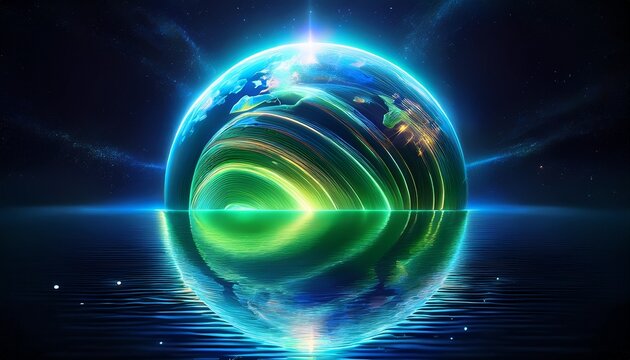 Earth Hour Glowing Planet With Blue And Green Light Trails Over Reflective Water Globe