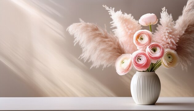 Pink Ranunculus And Pampas Grass In White Ceramic Vase