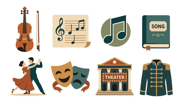 Illustrations of performing arts icons.