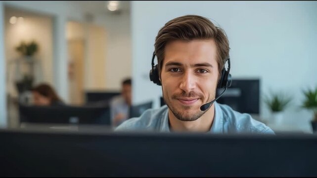 Friendly customer service representative headset smiling computer smiling professional call center