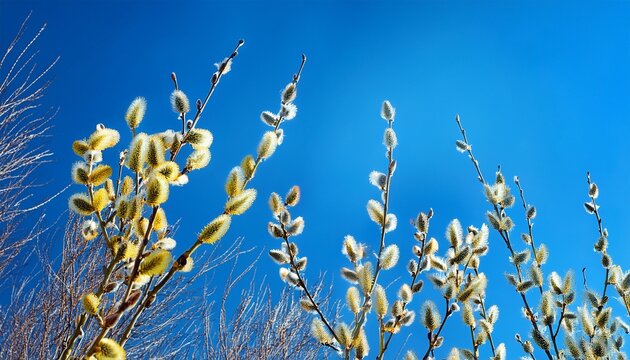 Flowering Catkins Of A Willow Branch Against A Clear Blue Sky