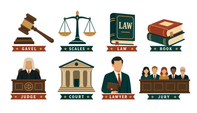 Illustrated Legal and Judicial Concept Icons.