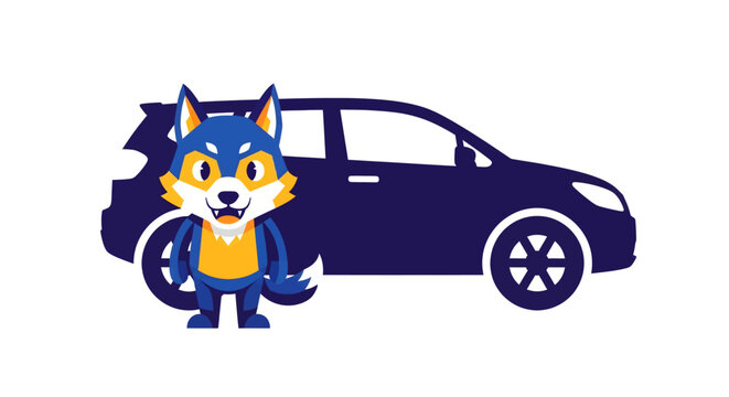 Cartoon wolf mascot standing beside car.