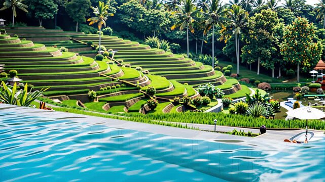 Tropical Paradise Resort with Rice Terraces: An infinity pool overlooks a breathtaking landscape of vibrant green rice terraces cascading down a hillside, dotted with palm trees and tropical foliage.