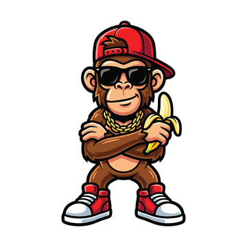 Stylish Monkey with Banana and Sunglasses Cartoon Mascot Vector Illustration