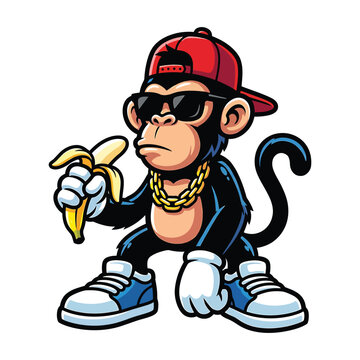 Cool Monkey Wearing Sunglasses Eating Banana Hip Hop Cartoon Mascot