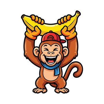 Funny Monkey Holding Giant Banana Above Head Cartoon Mascot Vector Illustration