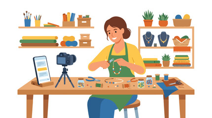 Fototapeta premium A female artisan creates a colorful beaded necklace in her studio while filming a tutorial for her social media followers using a camera.