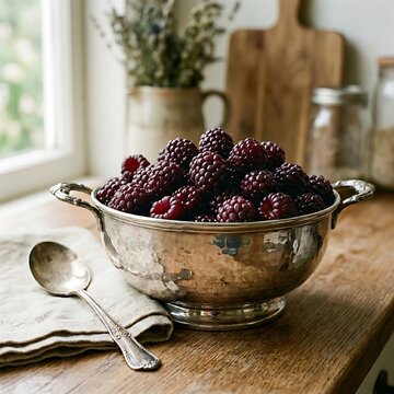 Rustic ceramic bowl filled with blackberries on wooden table.