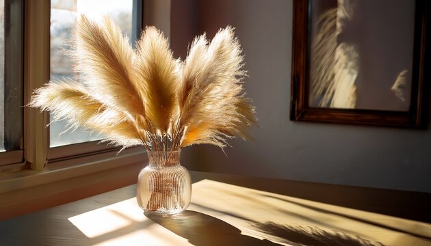 Pampas Grass In Glass Vase With Soft Window Light And Shadow