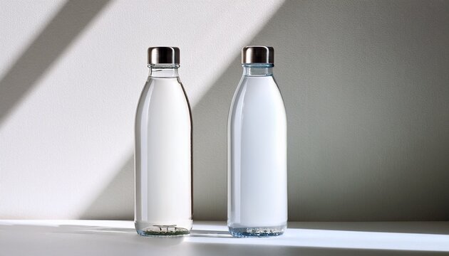 Clear Glass Water Bottle Mockup On White Background With Soft Shadow And Minimal Lighting