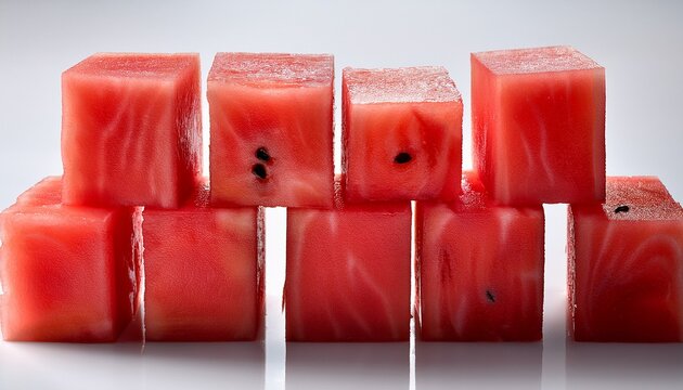 Watermelon Cubes Arranged Neatly On White Background Fresh And Juicy